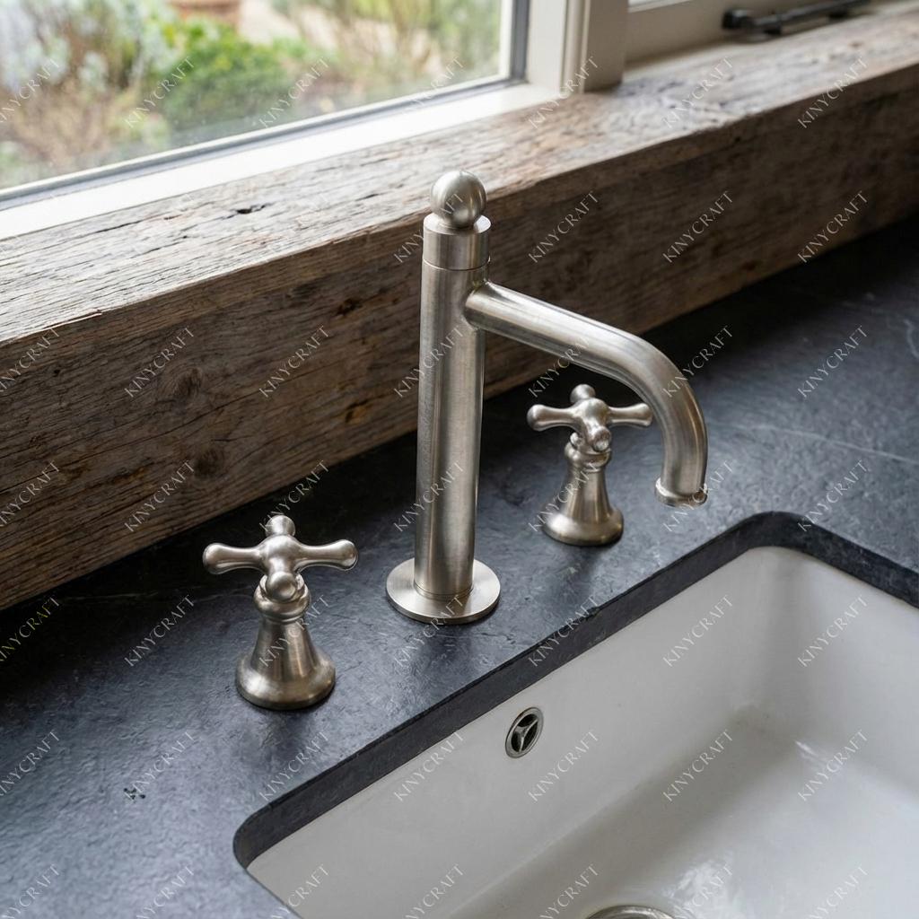 Contemporary brushed nickel deck mount bathroom faucet with cross handles