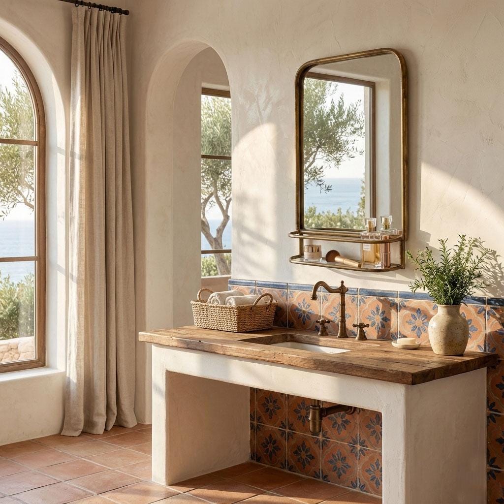 Luxury brass framed bathroom mirror with shelf mounted on white subway tile wall.