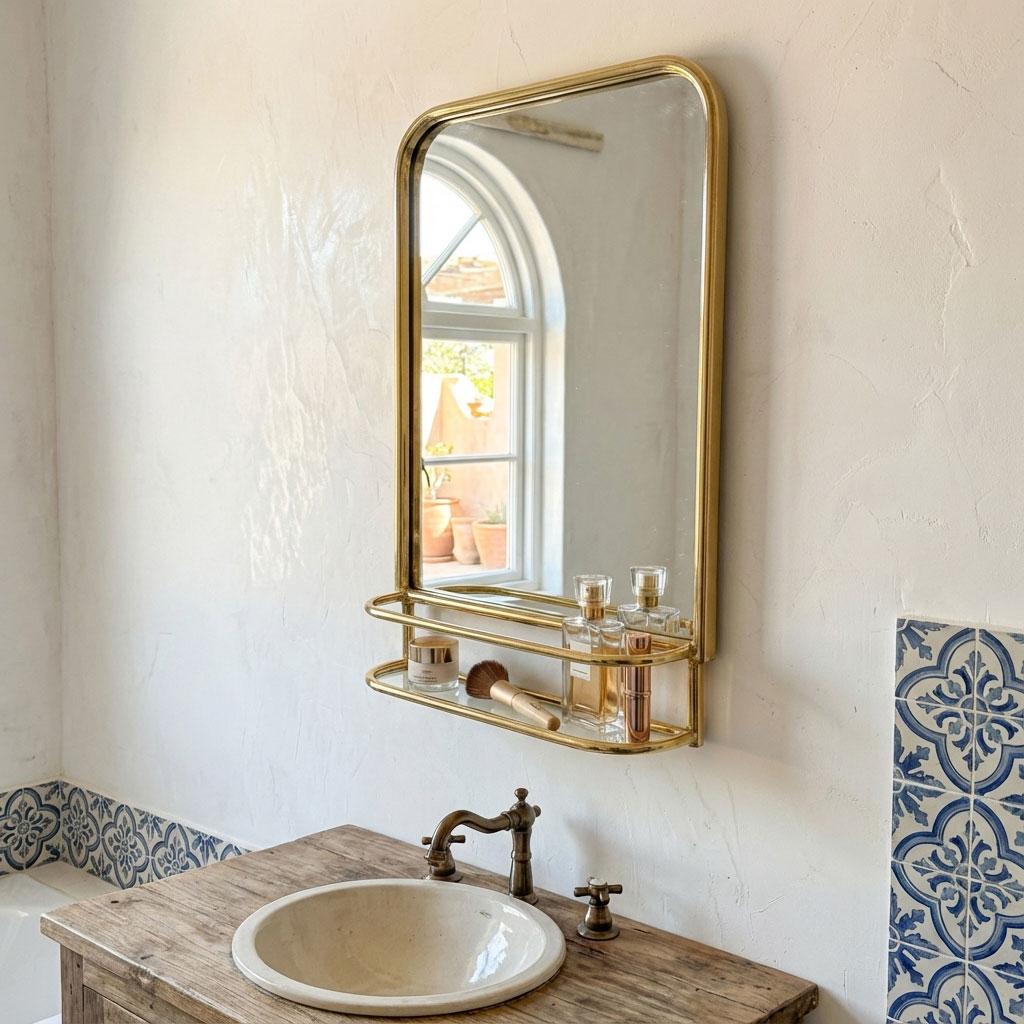 Wall mounted brass mirror with built-in organizer shelf for powder room essentials.