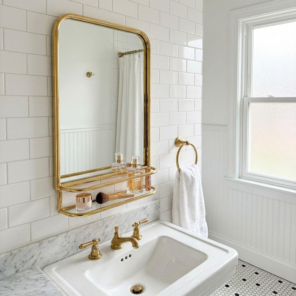 Unlacquered brass bathroom mirror with integrated storage shelf above white vanity sink.
