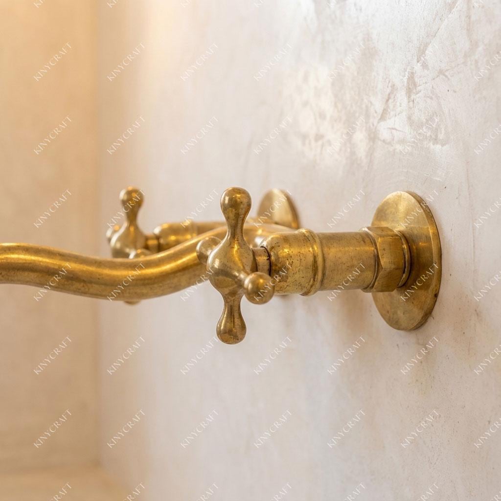 Vintage brass wall mounted sink faucet installed on plaster wall above bathroom basin.