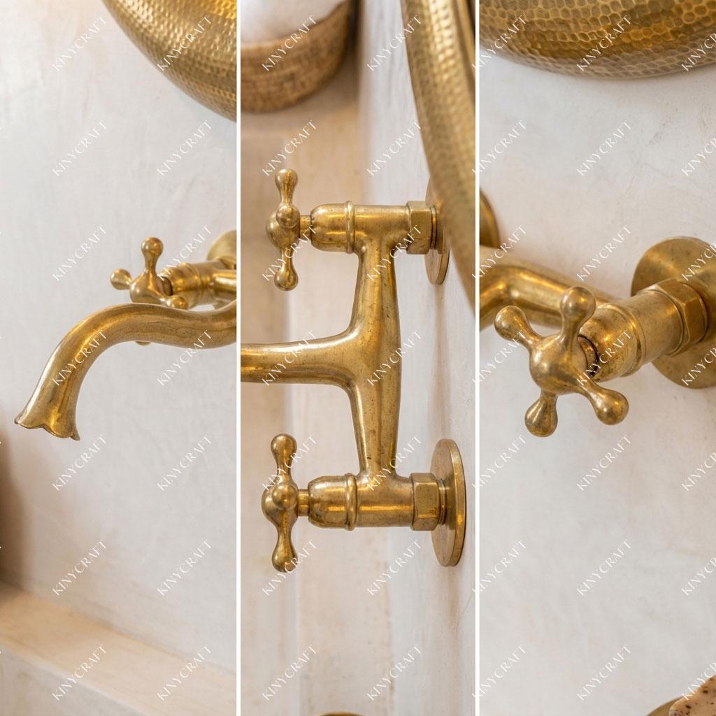 Luxury wall mounted brass bathroom tap with aged brass finish and decorative cross handles.