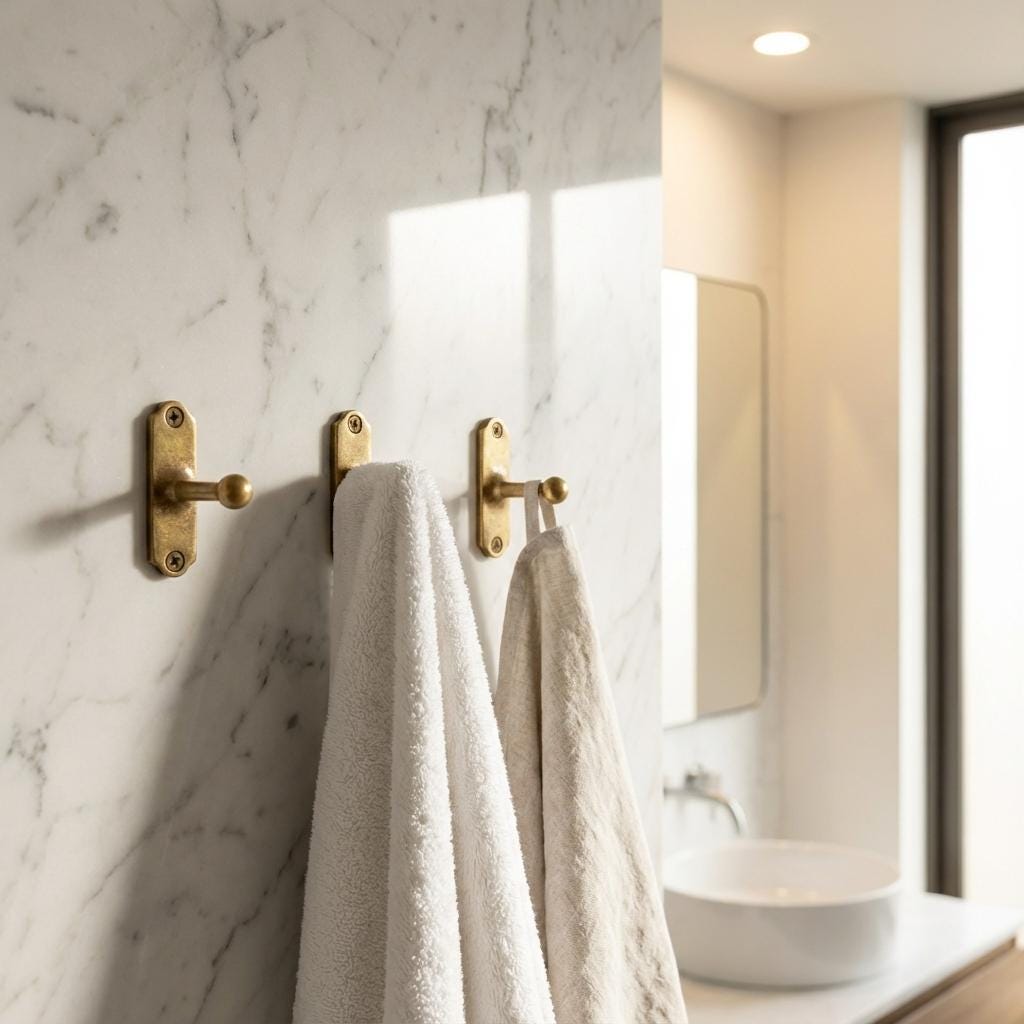 Minimalist brass wall mounted hook for towels, bags, robes, and accessories.