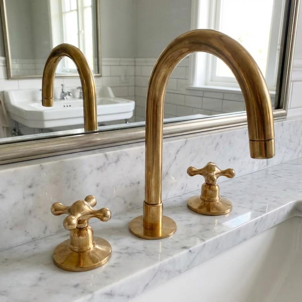 Luxury widespread brass faucet showcasing living finish and timeless design on marble washstand.