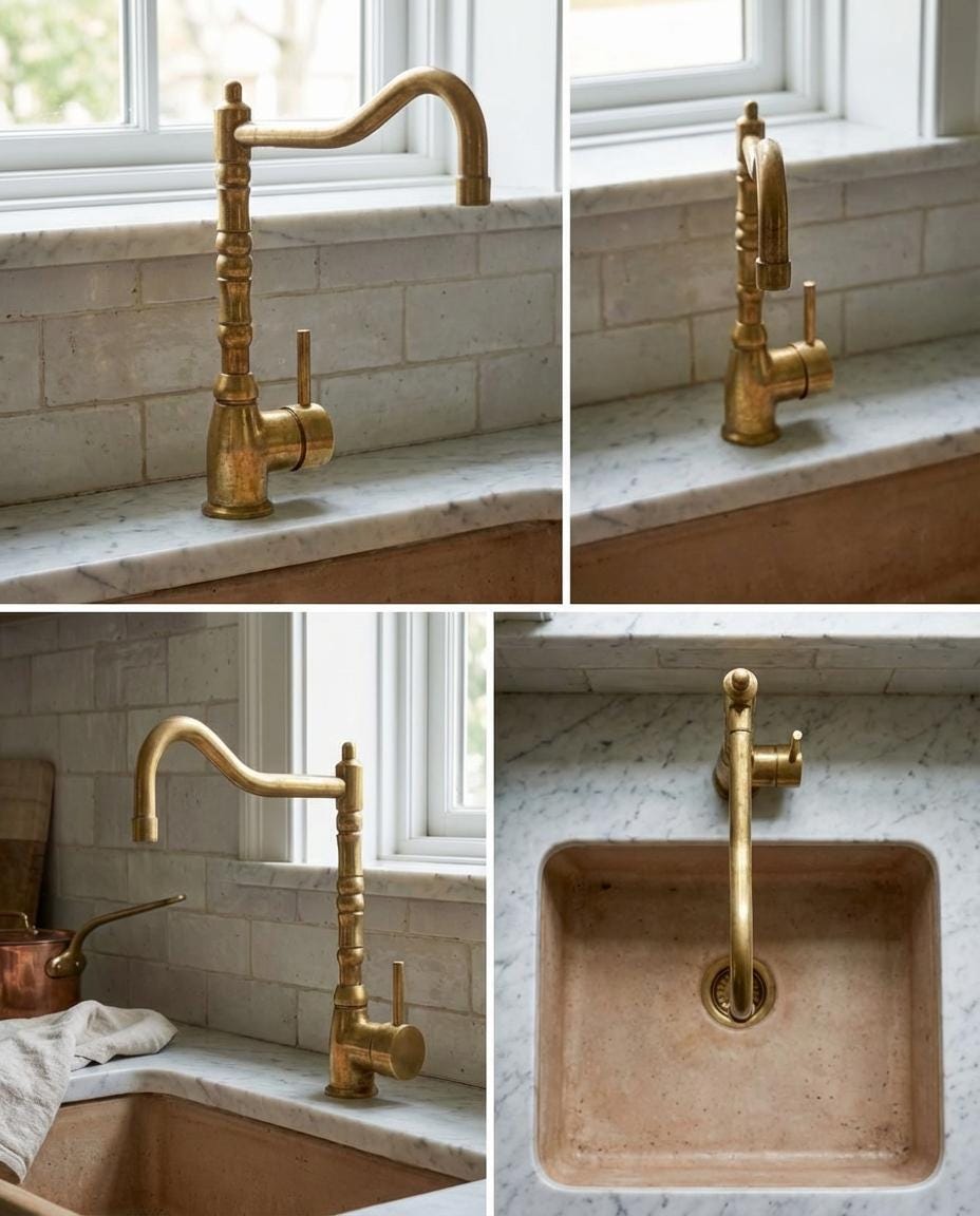 Luxury artisan brass kitchen mixer tap with high arc spout for farmhouse kitchens.