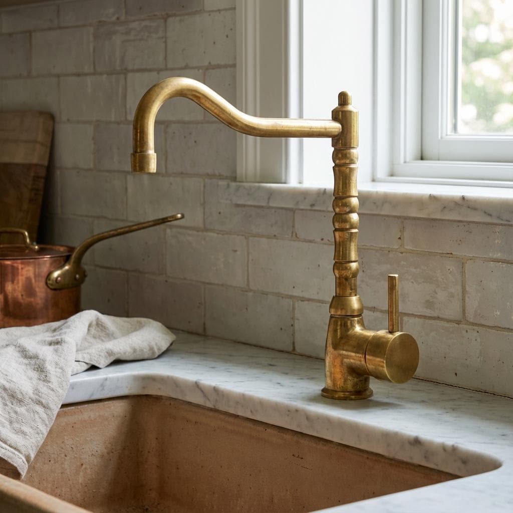 Vintage-inspired unlacquered brass kitchen faucet with elegant curved spout.