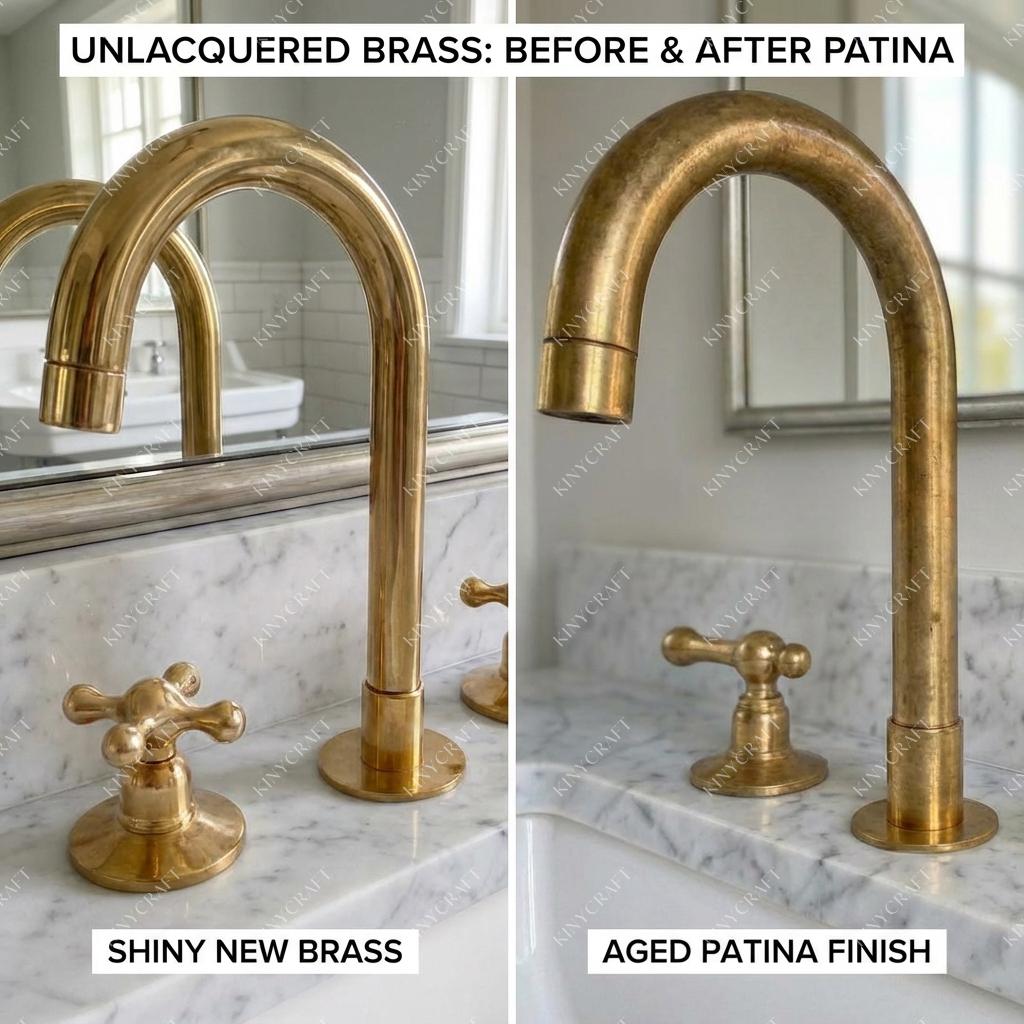 Designer unlacquered brass sink faucet installed on marble countertop with architectural styling.