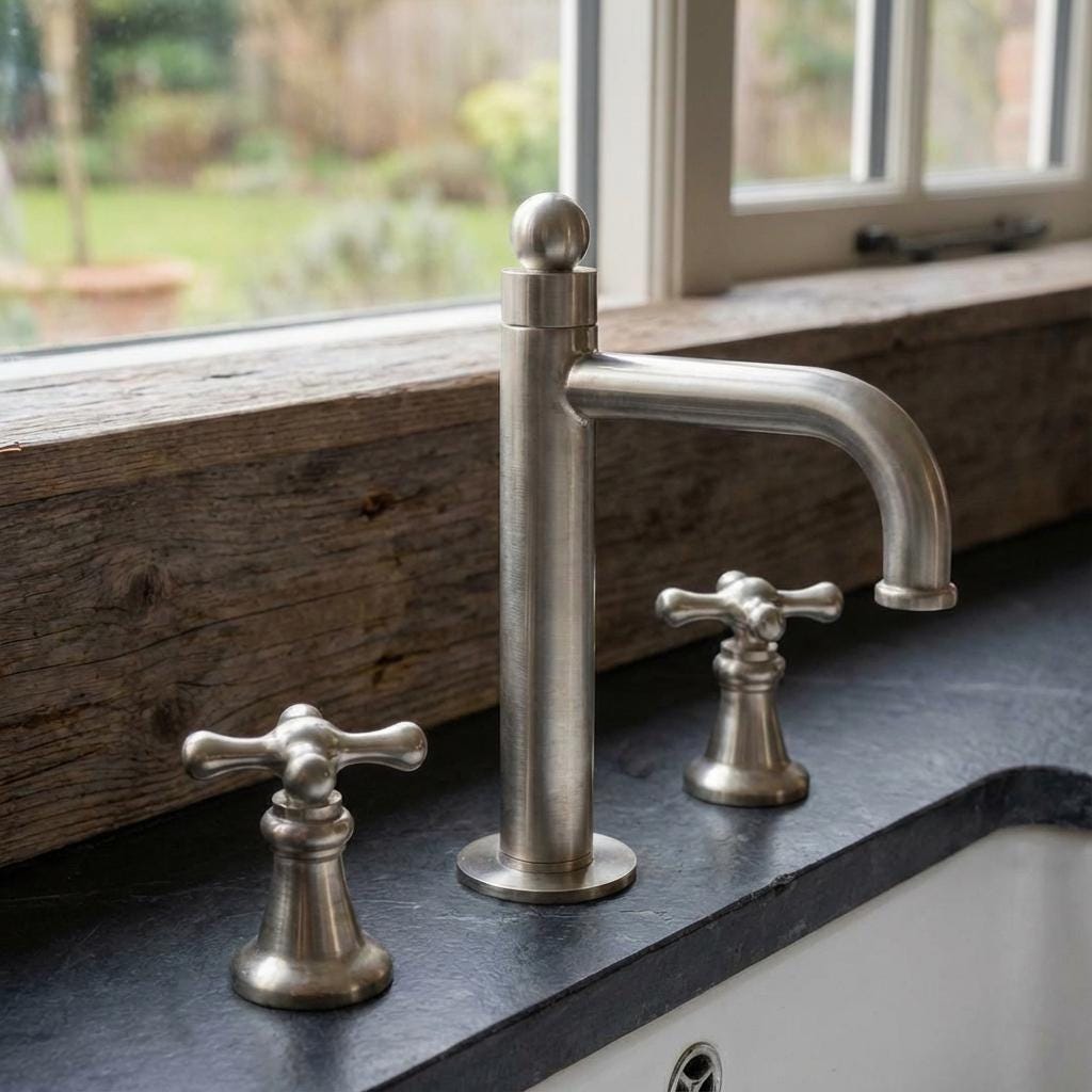Brushed nickel widespread bathroom faucet with cross handles