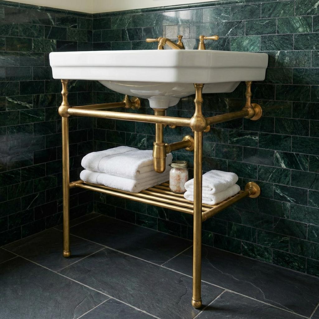Luxury solid brass bathroom sink stand with towel shelf and classic exposed frame design beneath a ceramic basin.