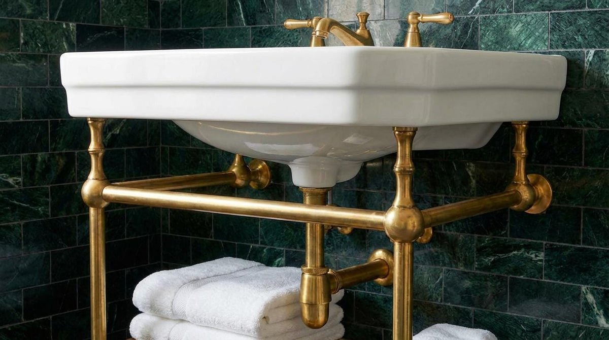 Vintage-style brass console sink frame with open towel rack and exposed plumbing for elegant bathroom storage.