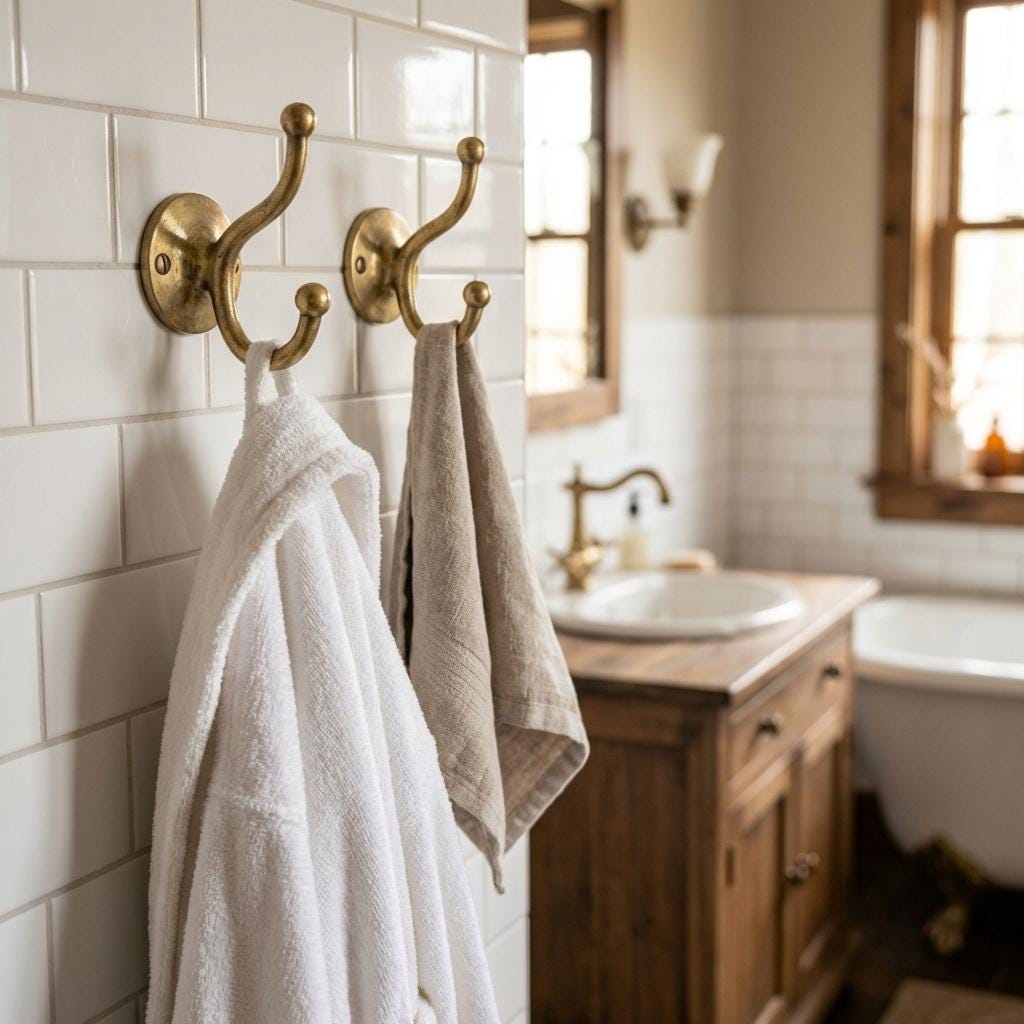 Vintage-style brass double hook for bathroom, entryway, mudroom, or closet storage.