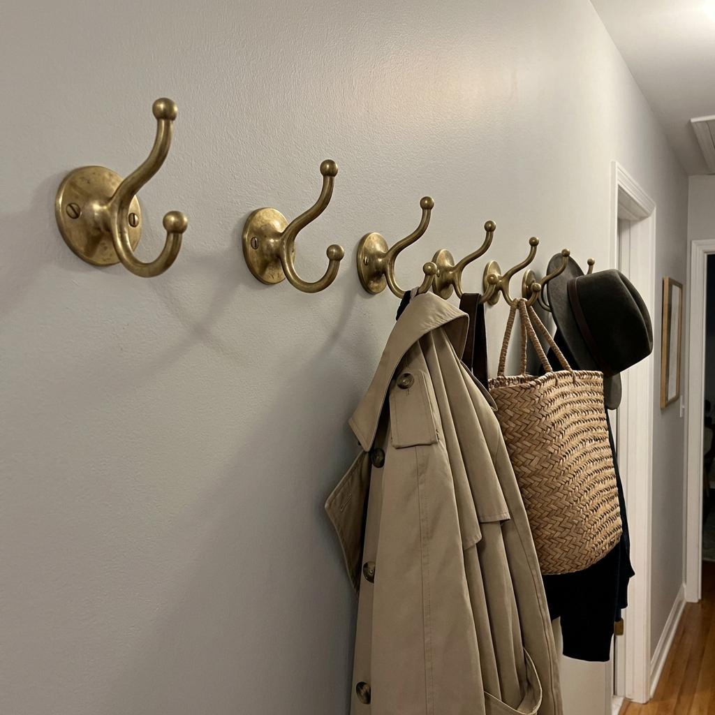 Wall-mounted brass utility hook with dual curved arms for home organization.
