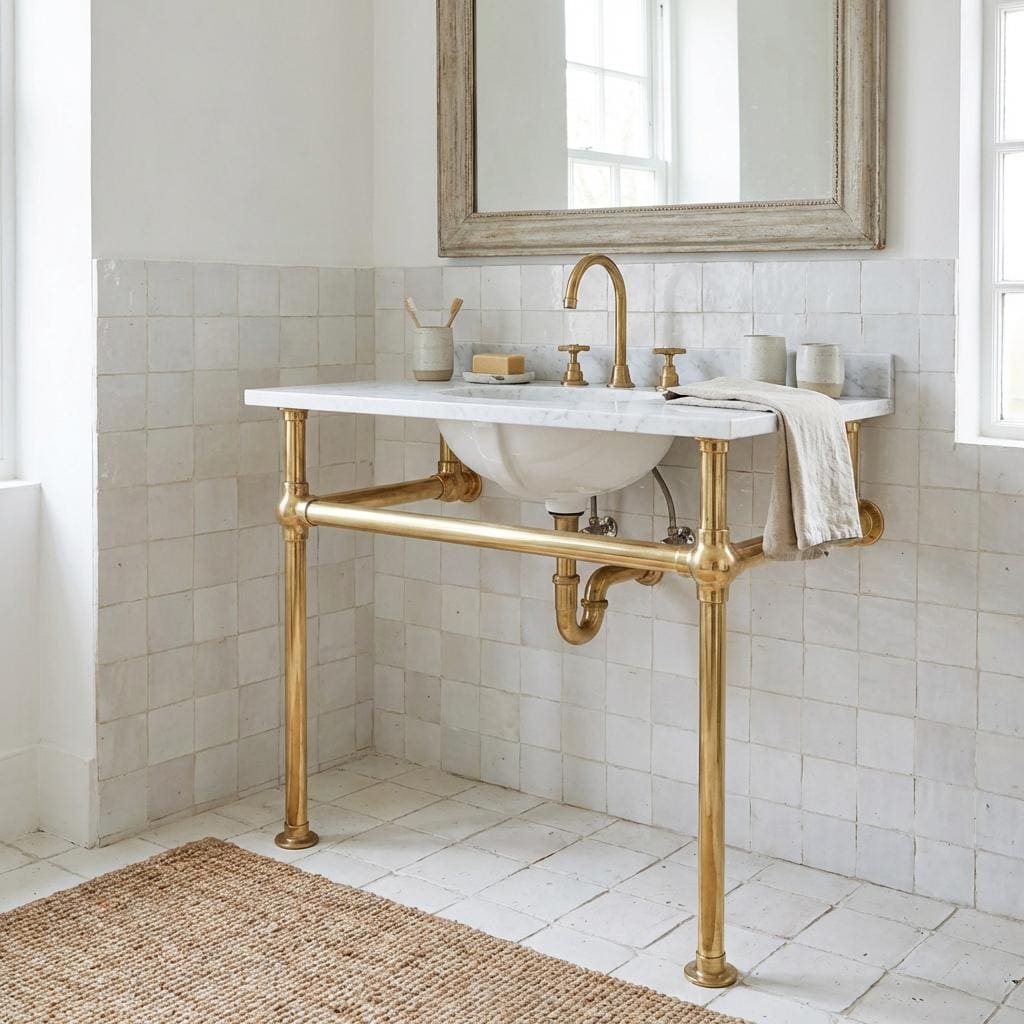 Solid brass console sink stand installed beneath a marble bathroom sink.
