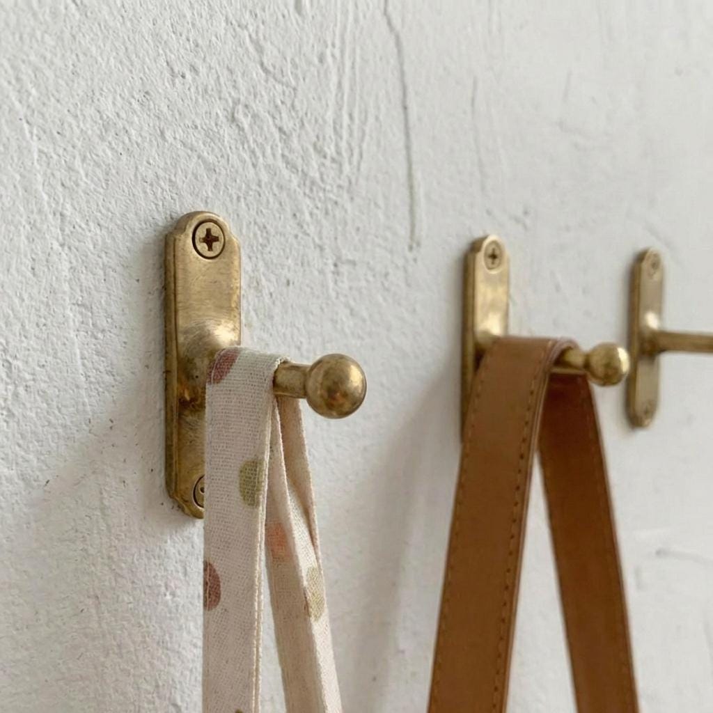 Vintage brass coat hook holding fabric and leather straps in an entryway setting.