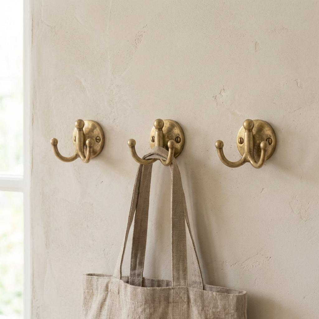 Traditional unlacquered brass wall hook with dual hanging arms.