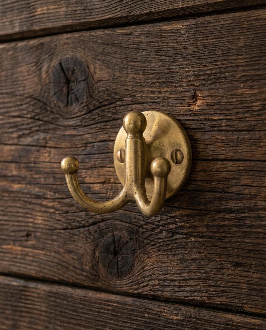 Artisan unlacquered brass utility hook holding a canvas tote bag.