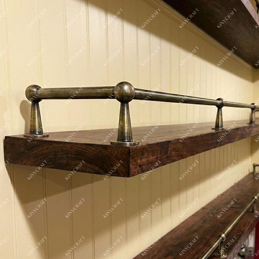 Wall mounted antique brass shelf railing for pantry, kitchen, and display shelving.