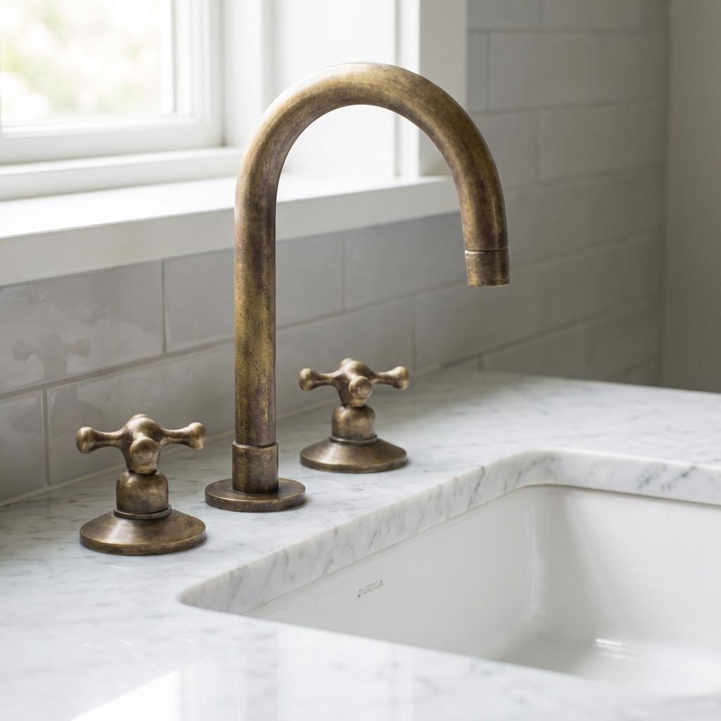 Solid brass bridge kitchen faucet with gooseneck spout and vintage cross handles