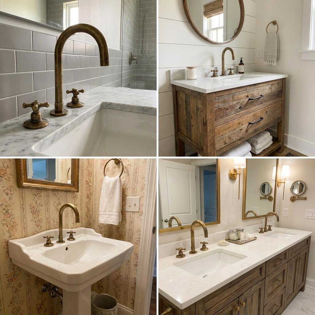 Traditional unlacquered brass kitchen faucet installed on marble countertop