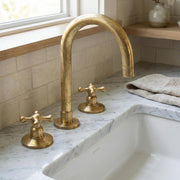 Handmade brass bridge kitchen faucet with living finish and classic cross handles