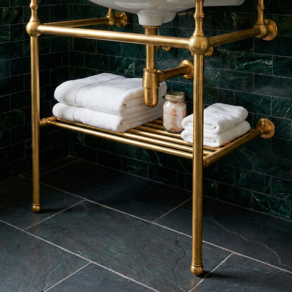 Handcrafted brass washstand featuring a lower storage shelf for folded towels in a luxury traditional bathroom.
