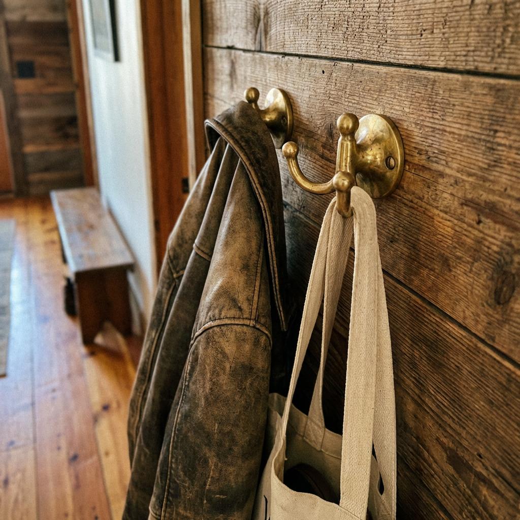 Handmade solid brass double coat hook for towels and bags.