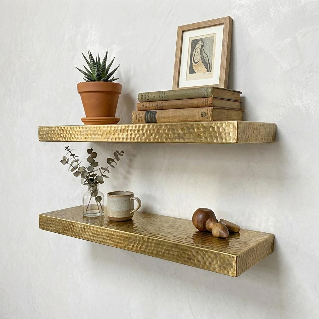 Modern brass wall mounted shelf with handcrafted hammered texture and polished finish.