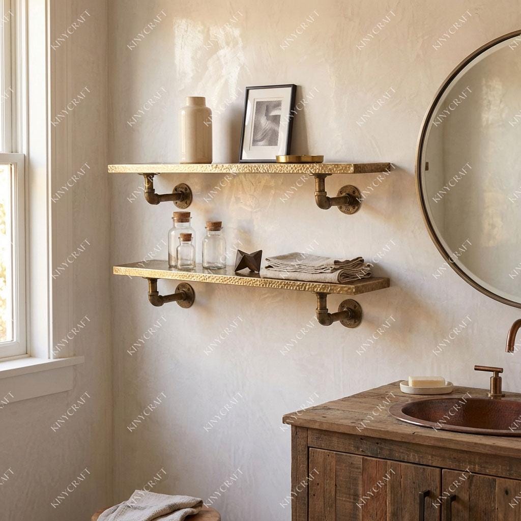 Luxury hammered brass shelving with industrial hardware for modern rustic interiors.