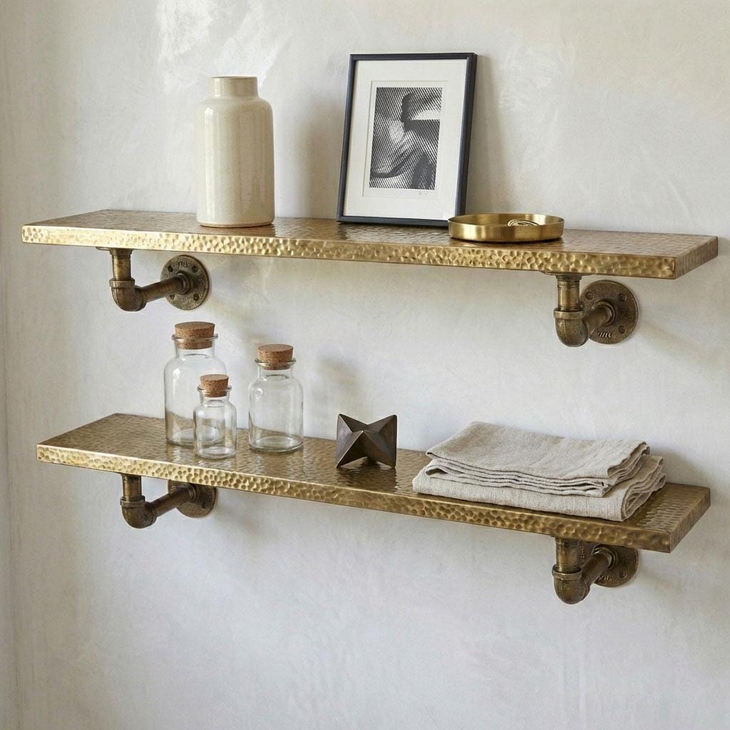 Handmade hammered brass floating wall shelf with pipe brackets mounted on a plaster wall.