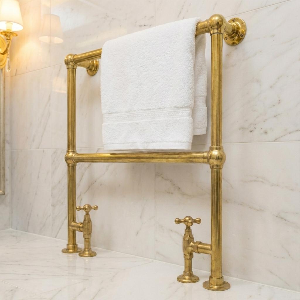 Deck-mounted heated brass towel rail for a luxury bathroom vanity.