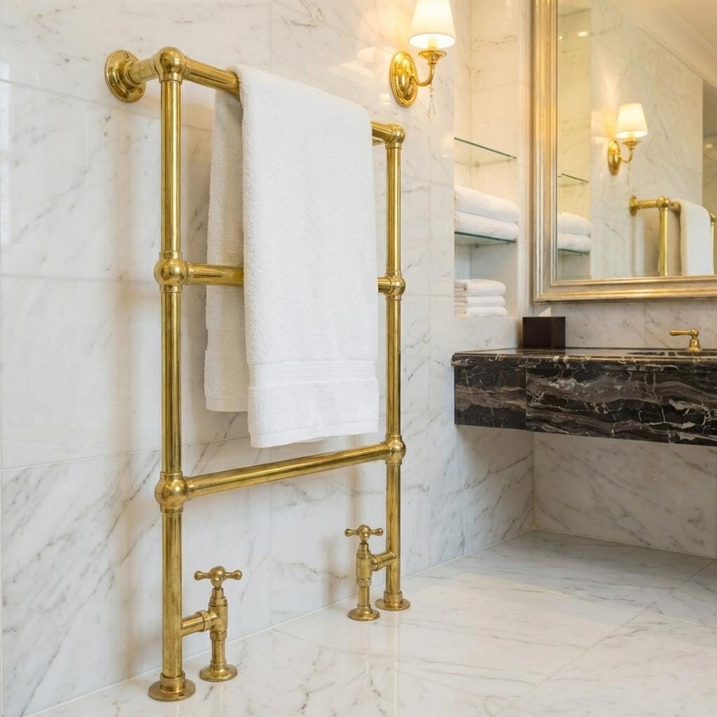 Luxury heated solid brass towel rail with bridge-style deck-mounted supports.