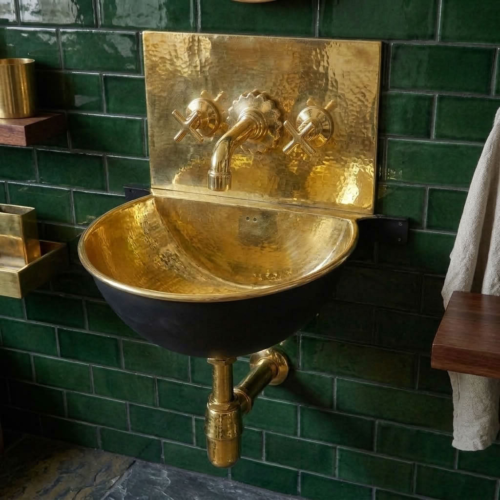 Polished hammered brass wall mounted bathroom sink with black exterior, brass back plate and cross handle wall faucet