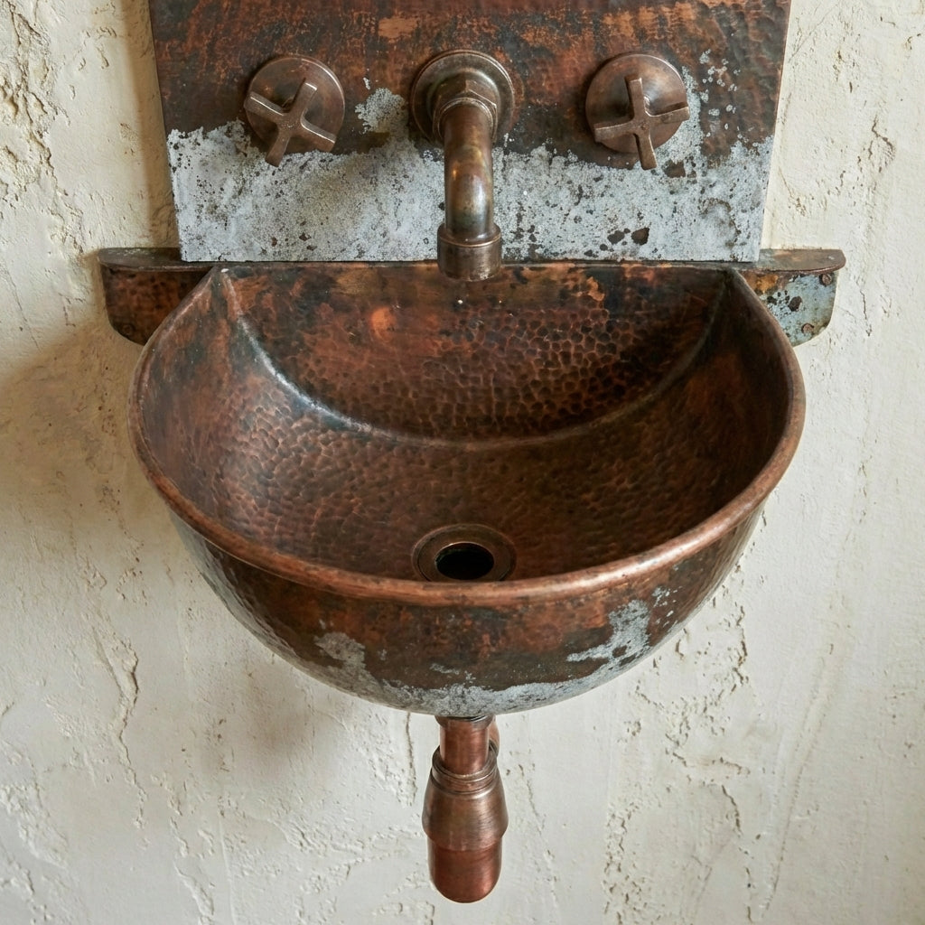 Rustic aged copper wall mounted bathroom sink with copper back plate and cross handle wall mount faucet