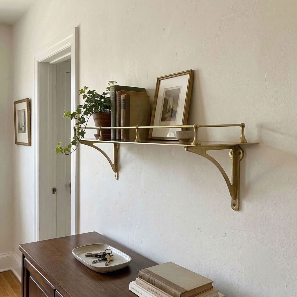 Brass gallery rail shelf on cast brackets in a hallway, with a framed picture leaning against the rail