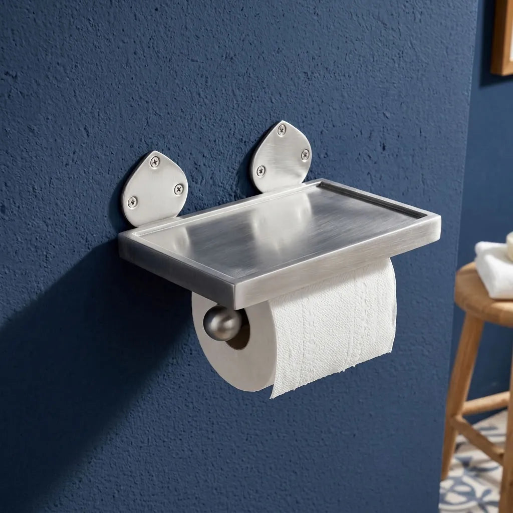 Satin Silver wall-mounted toilet paper holder with shelf
