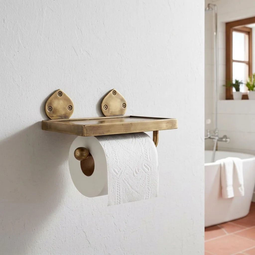 Unlacquered Brass wall-mounted toilet paper holder with shelf