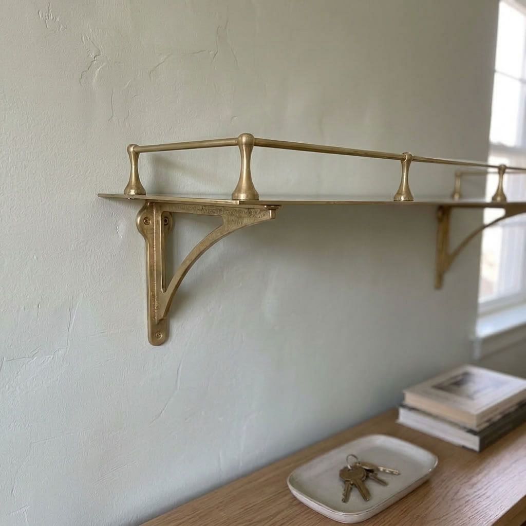 Close view of an unlacquered solid brass wall shelf showing the turned gallery rail posts and the cast scrolled wall bracket
