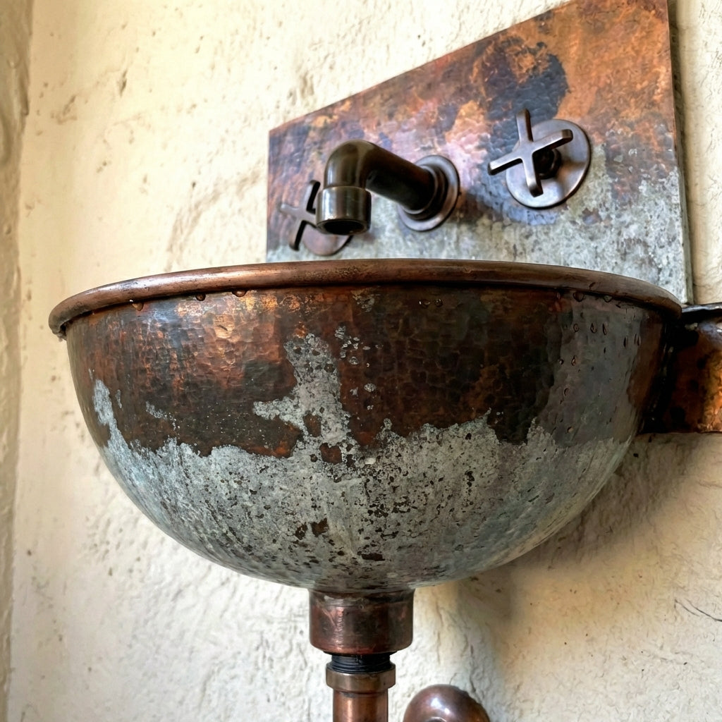 Close up of weathered copper wall mount sink bowl with chalky patina and wall mount faucet